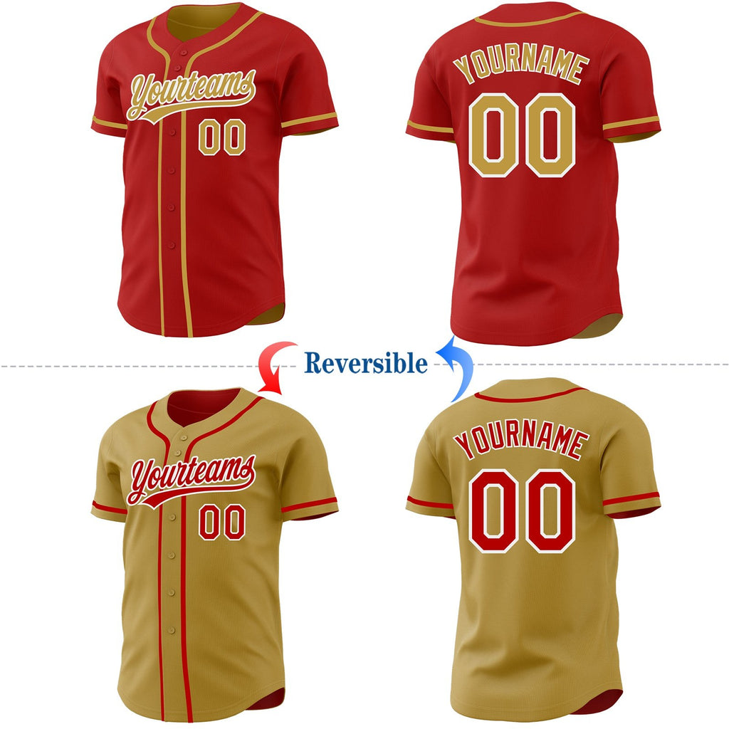 Custom Red Old Gold-White Reversible Button-Down Baseball Jersey photo 2