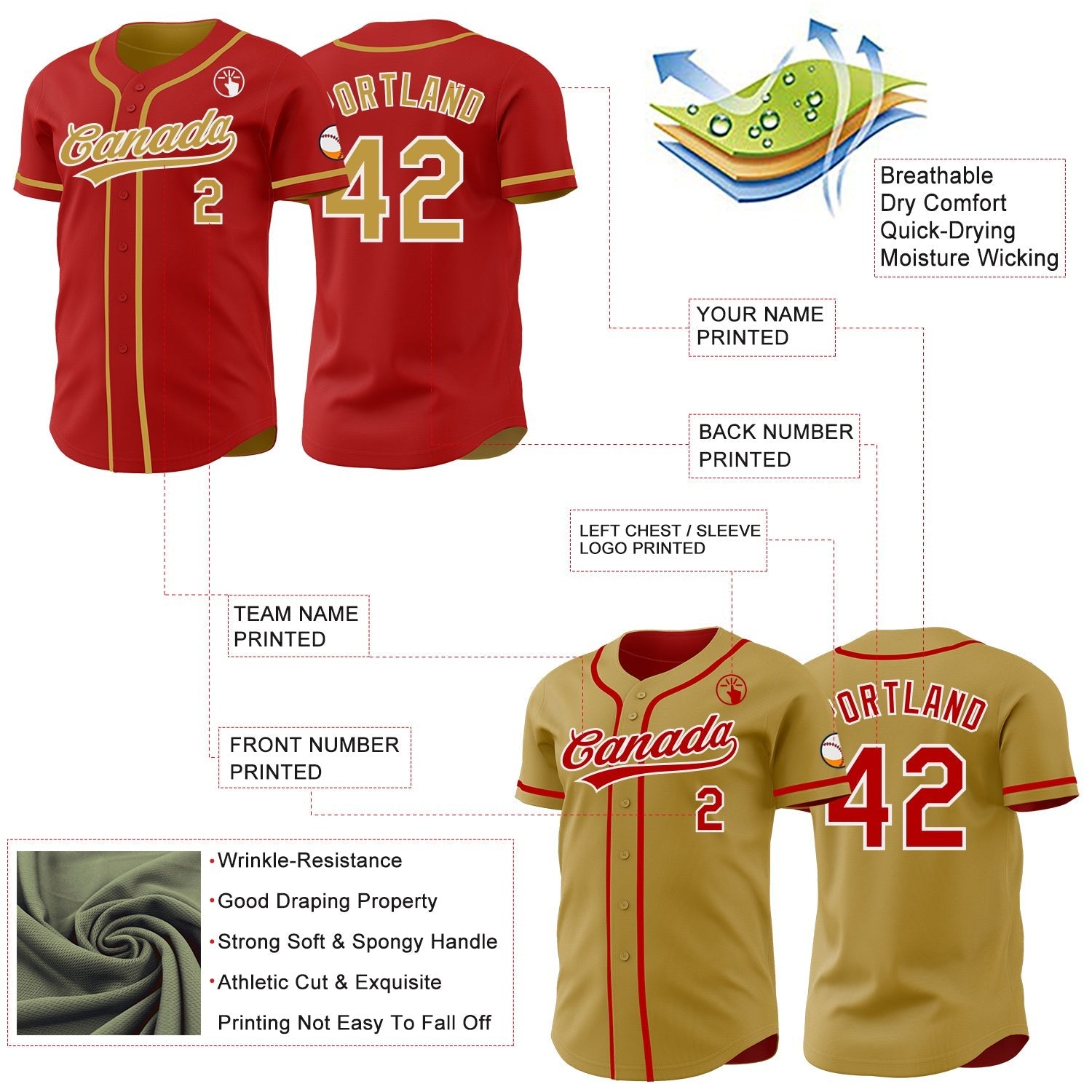 Custom Red Old Gold-White Reversible Button-Down Baseball Jersey photo 3