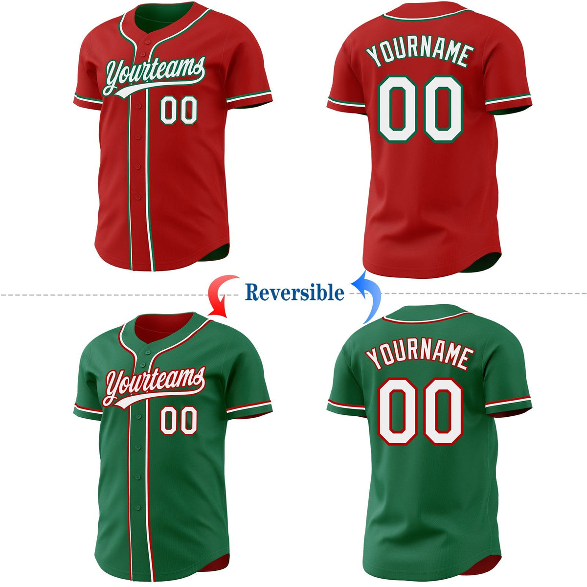 Custom Red White-Kelly Green Reversible Button-Down Baseball Jersey photo 2