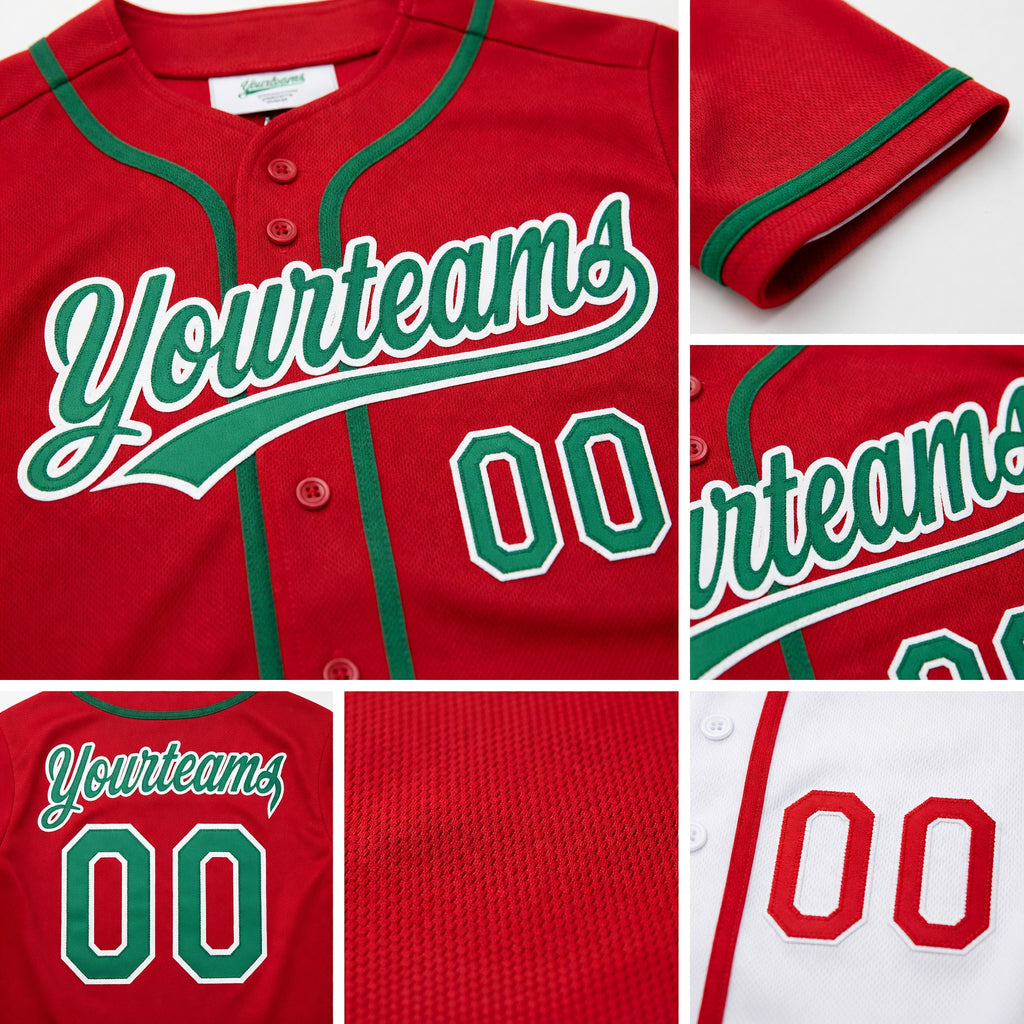 Custom Red Kelly Green-White Reversible Button-Down Baseball Jersey detail