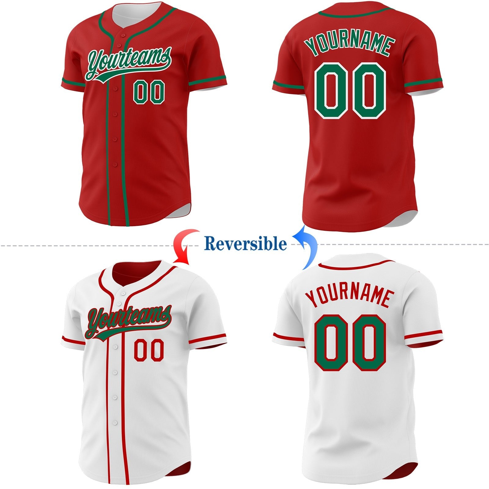 Custom Red Kelly Green-White Reversible Button-Down Baseball Jersey photo 2