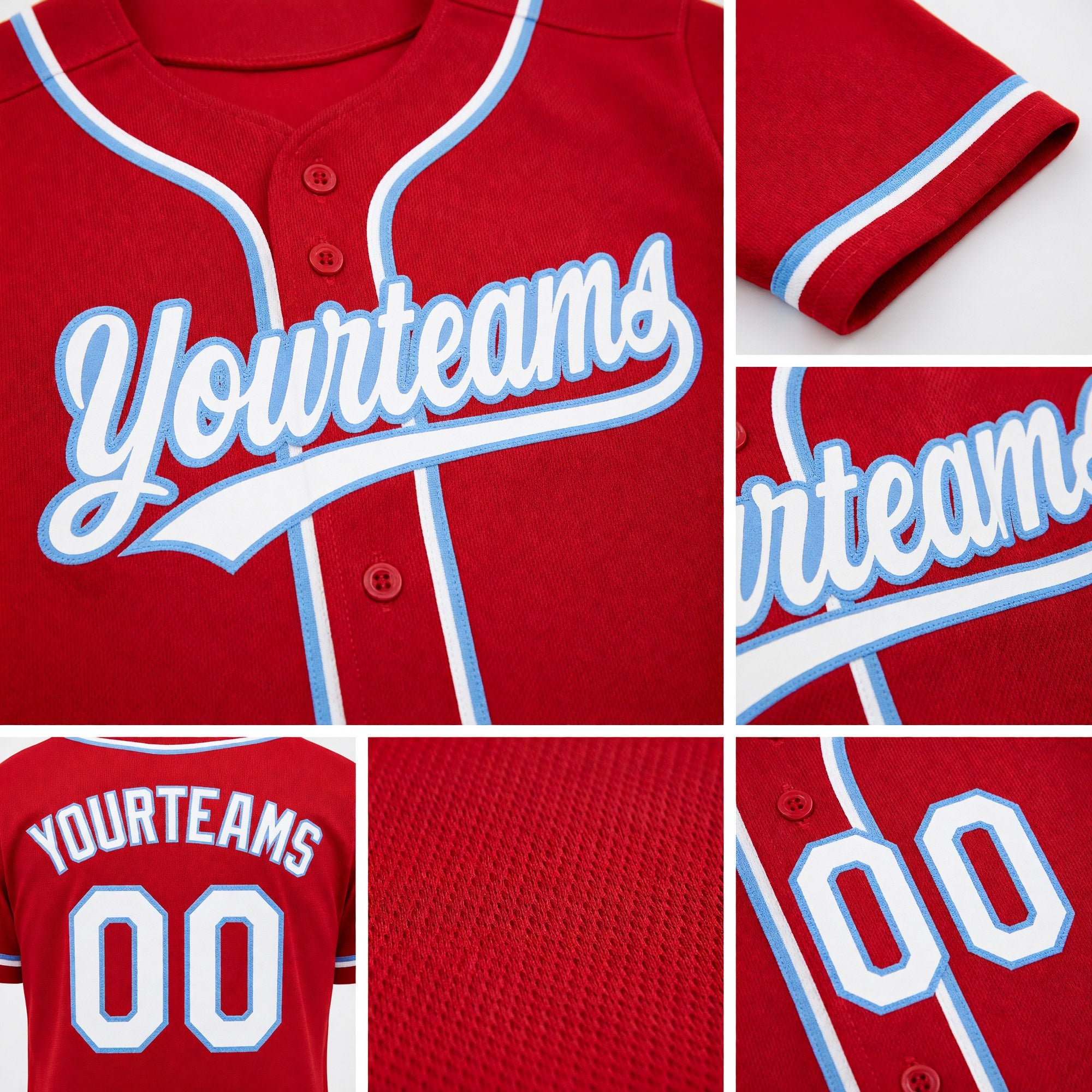Custom Red White-Light Blue Reversible Button-Down Baseball Jersey detail