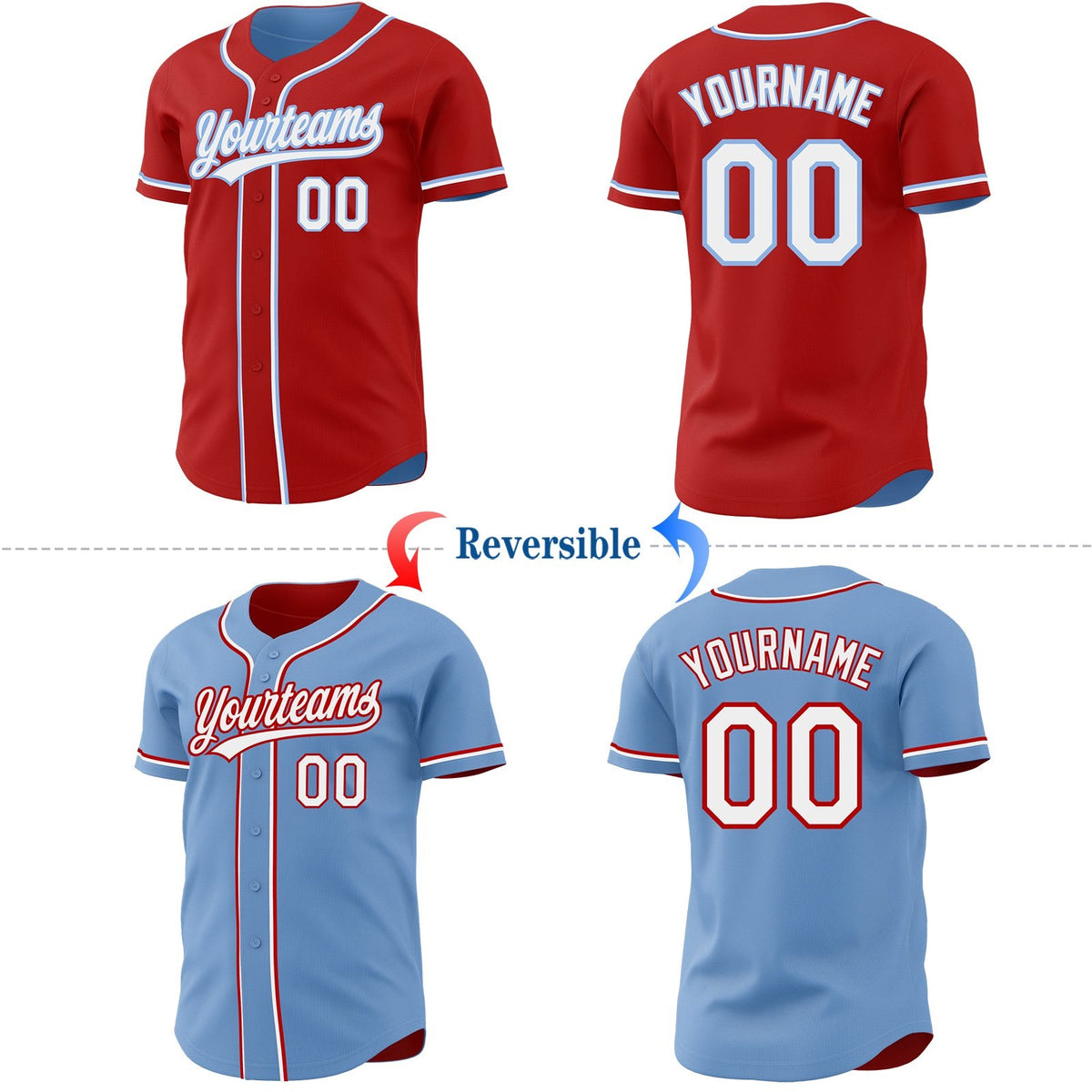 Custom Red White-Light Blue Reversible Button-Down Baseball Jersey photo 2
