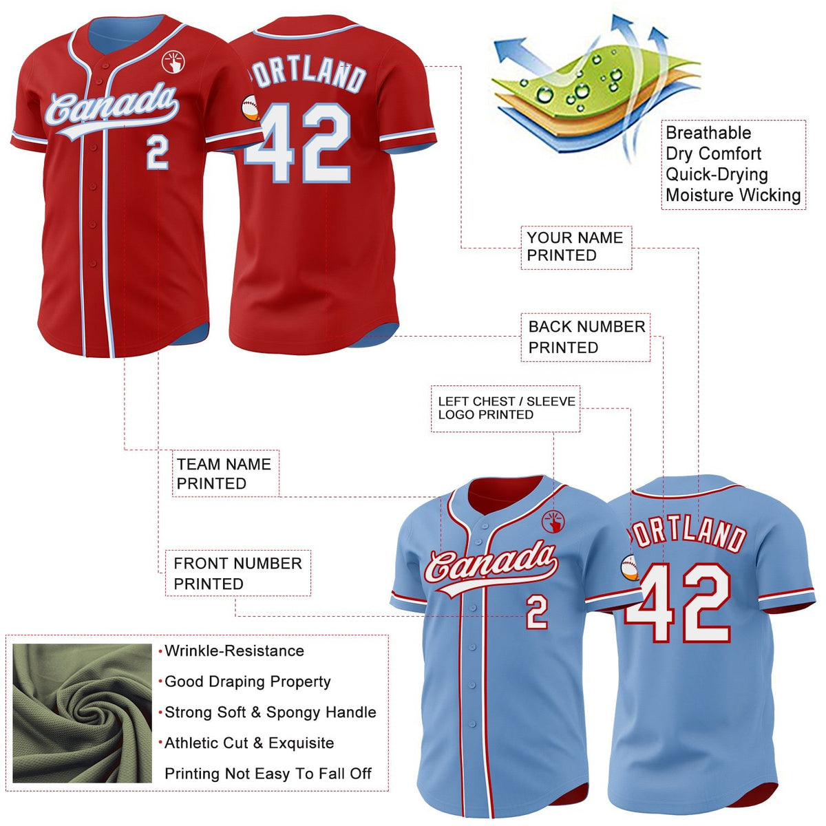 Custom Red White-Light Blue Reversible Button-Down Baseball Jersey photo 3