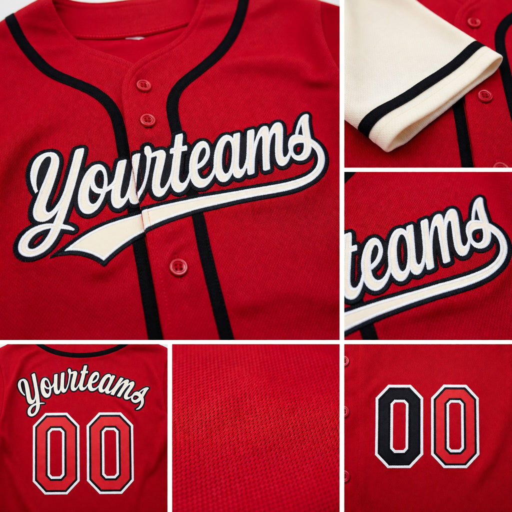 Custom Red Black-Cream Reversible Button-Down Baseball Jersey detail