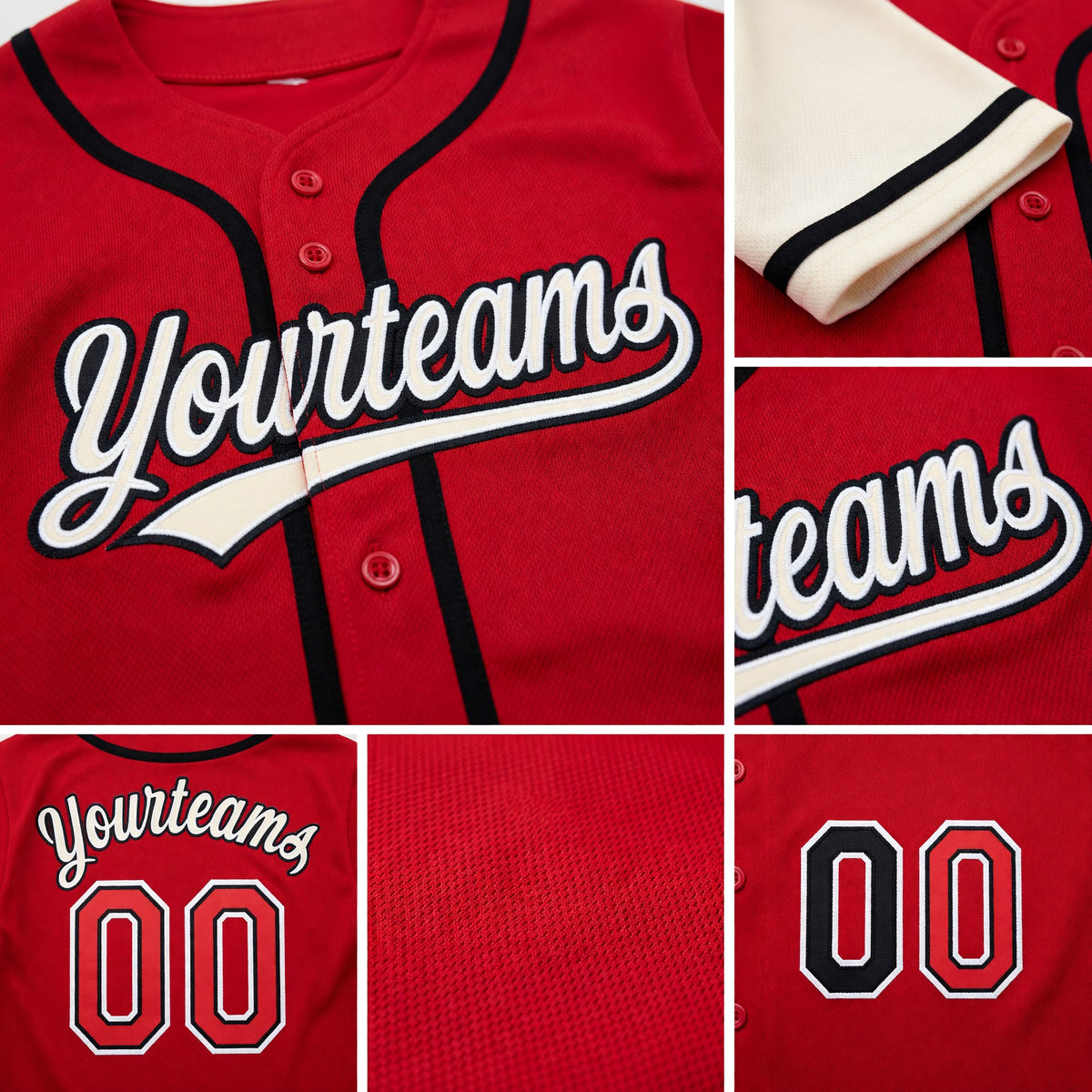 Custom Red Black-Cream Reversible Button-Down Baseball Jersey detail
