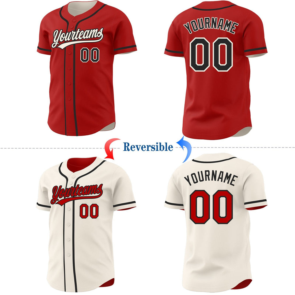 Custom Red Black-Cream Reversible Button-Down Baseball Jersey photo 2