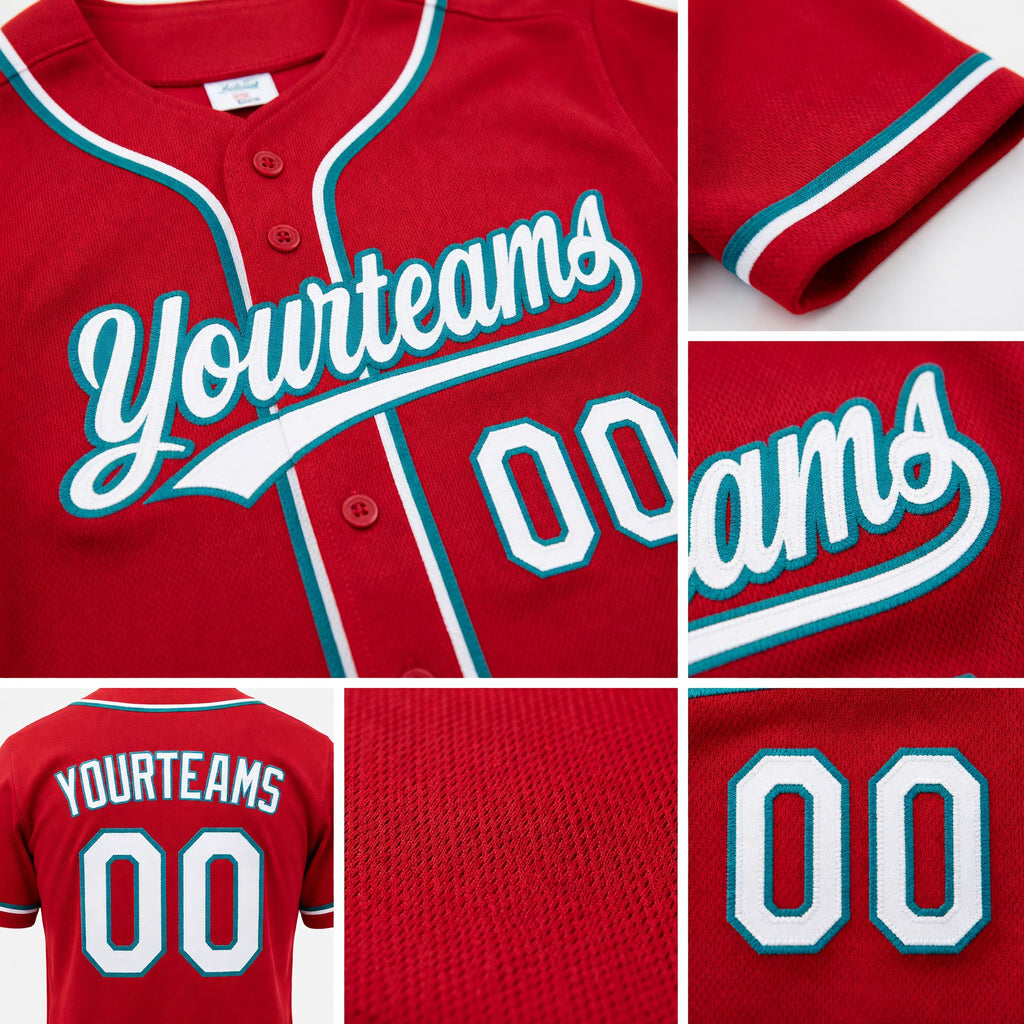 Custom Red White-Teal Reversible Button-Down Baseball Jersey detail