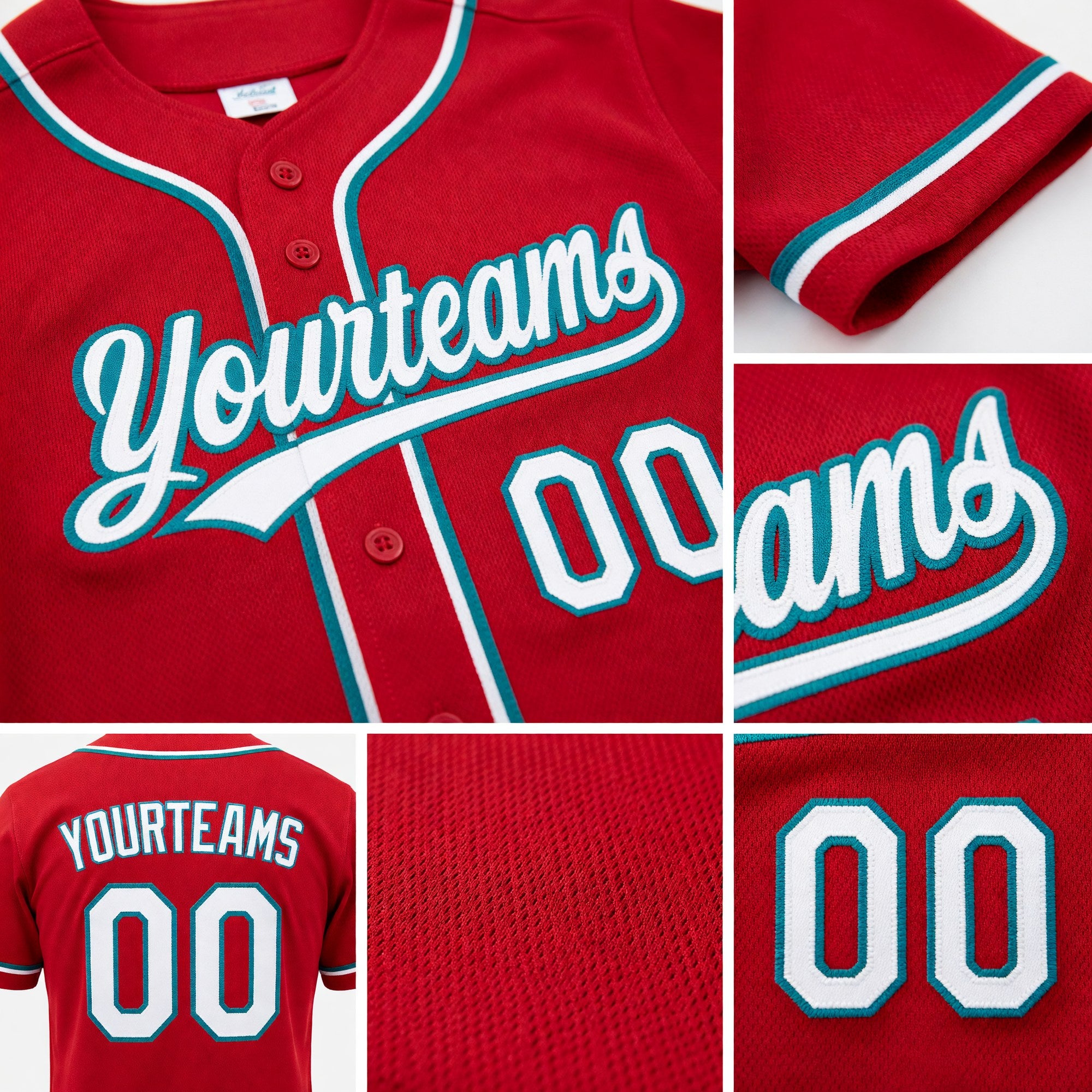 Custom Red White-Teal Reversible Button-Down Baseball Jersey detail