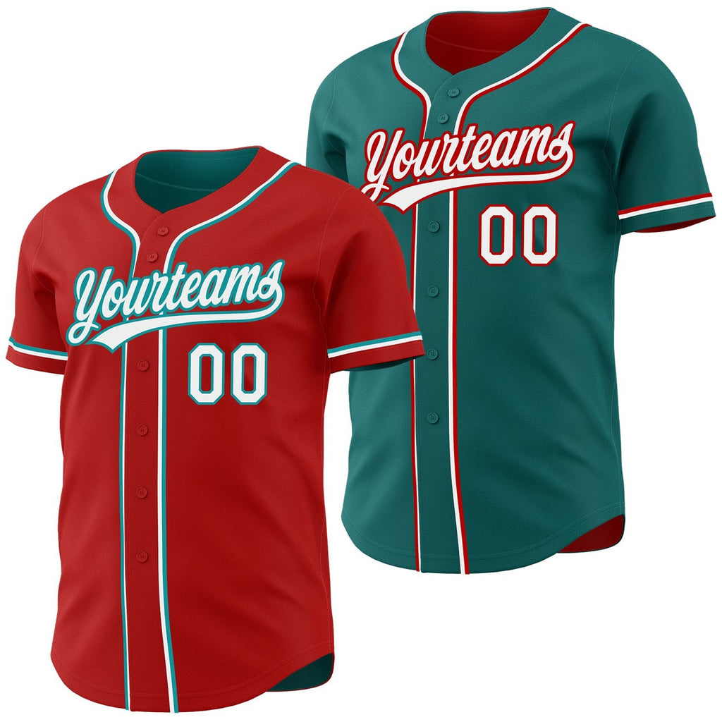 Custom Red White-Teal Reversible Button-Down Baseball Jersey photo 1