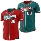 Custom Red White-Teal Reversible Button-Down Baseball Jersey photo 1