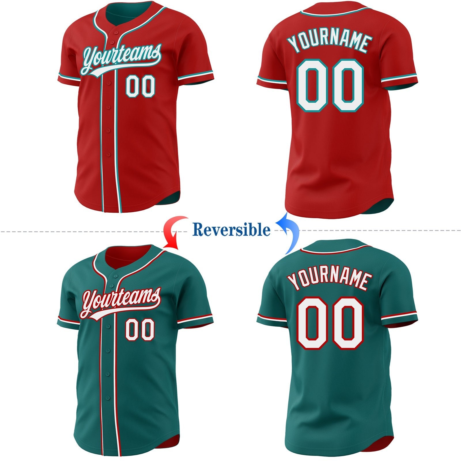 Custom Red White-Teal Reversible Button-Down Baseball Jersey photo 2