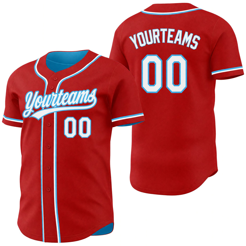 Custom Red White-Sky Blue Reversible Button-Down Baseball Jersey