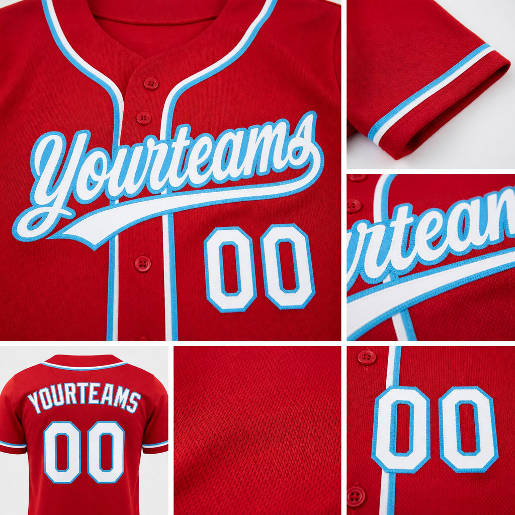 Custom Red White-Sky Blue Reversible Button-Down Baseball Jersey detail