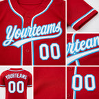Custom Red White-Sky Blue Reversible Button-Down Baseball Jersey detail