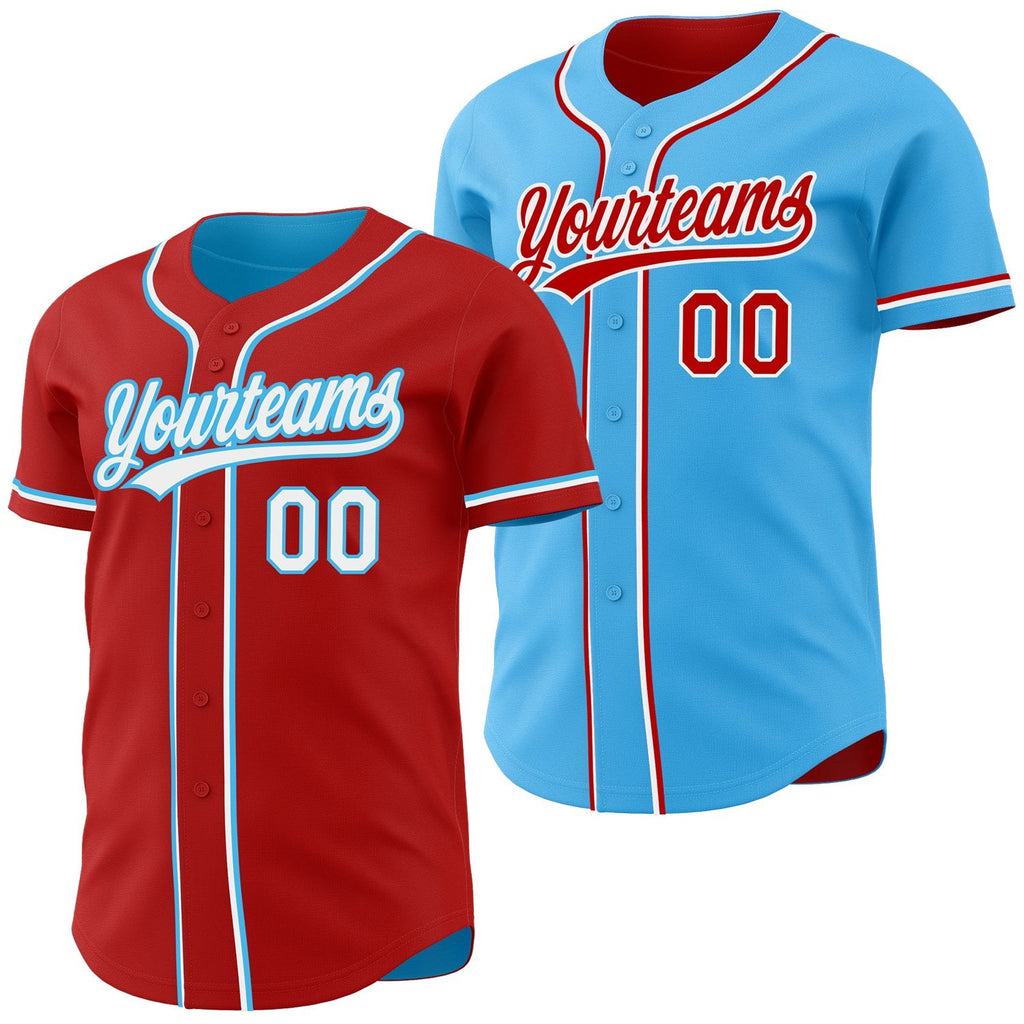 Custom Red White-Sky Blue Reversible Button-Down Baseball Jersey photo 1