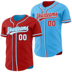 Custom Red White-Sky Blue Reversible Button-Down Baseball Jersey photo 1