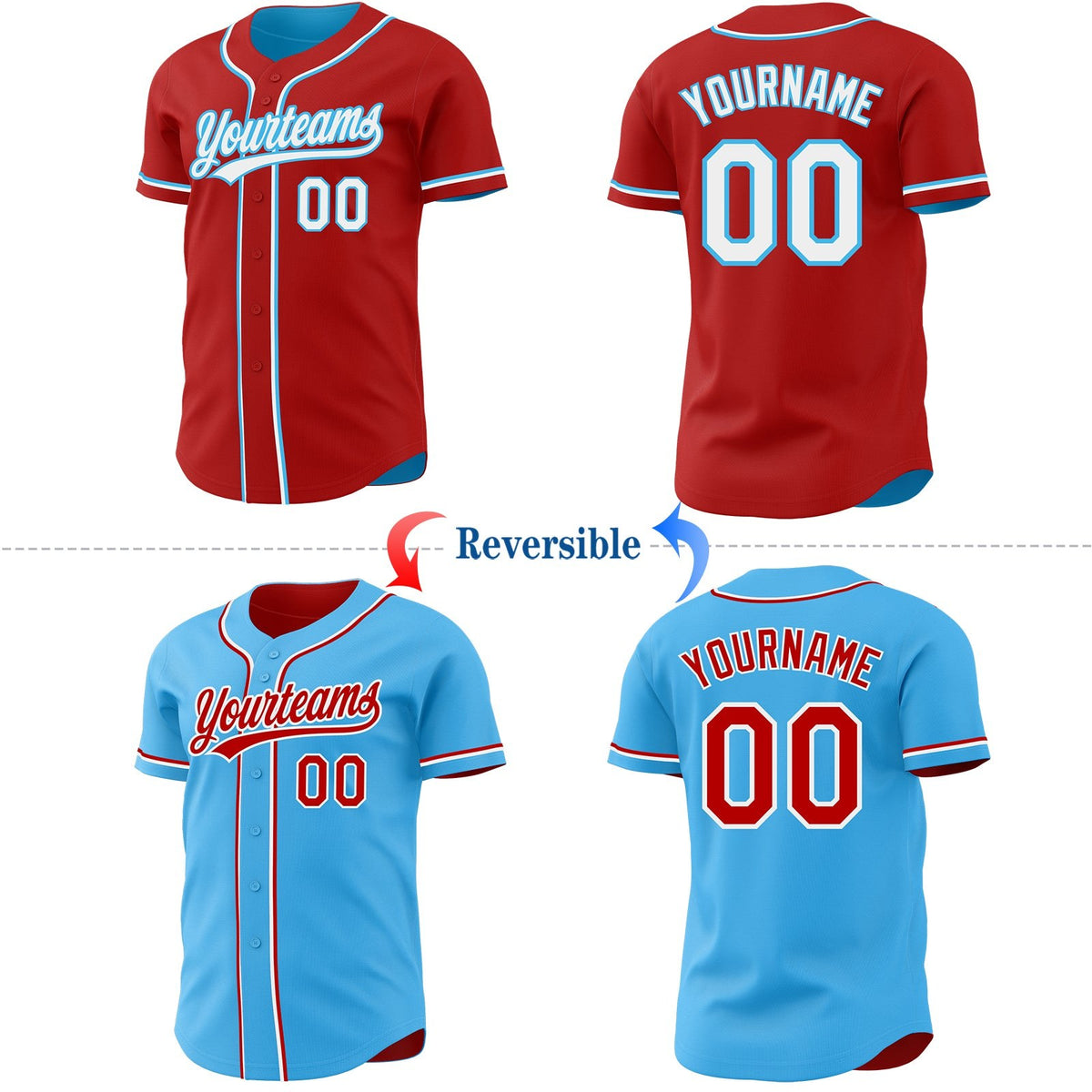 Custom Red White-Sky Blue Reversible Button-Down Baseball Jersey photo 2