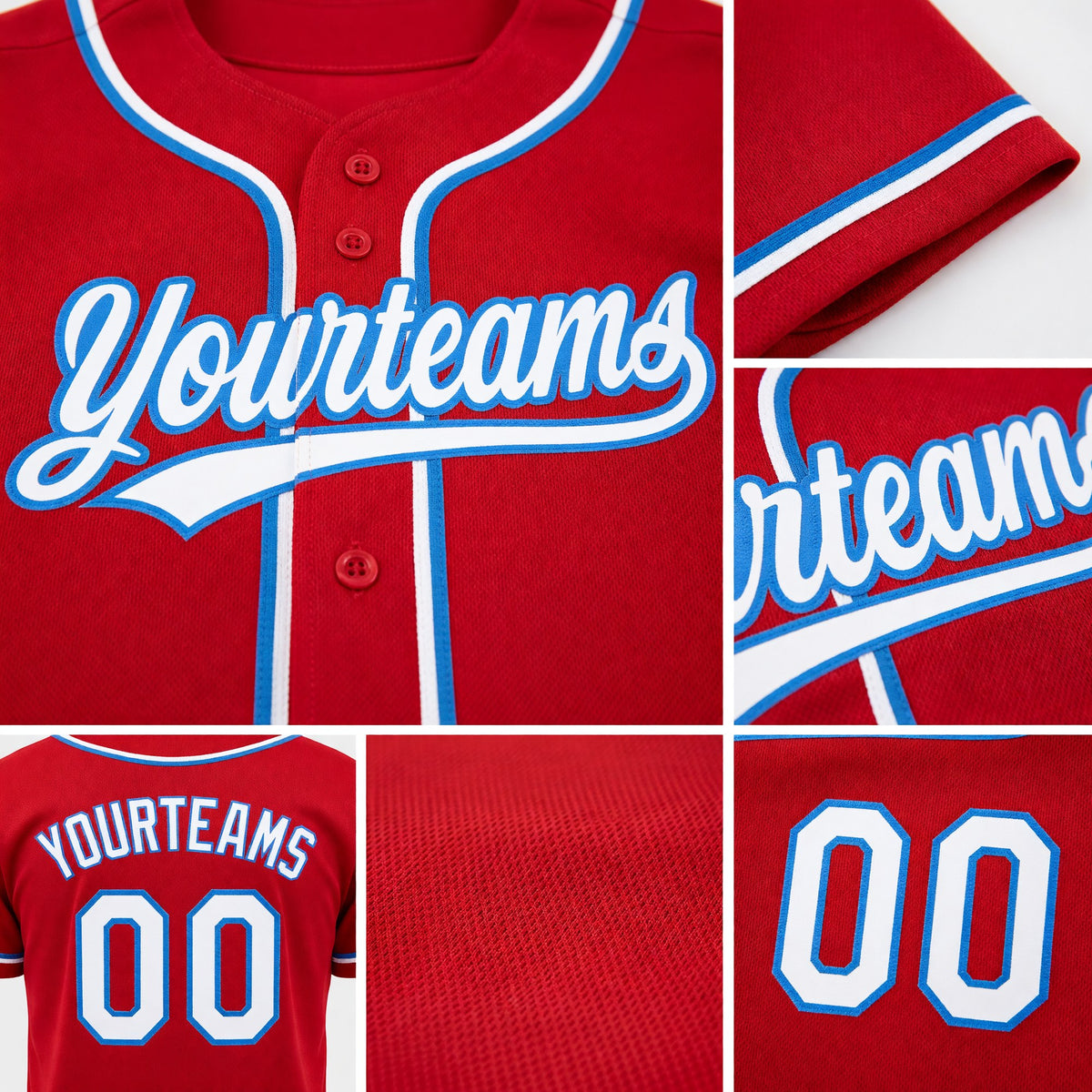 Custom Red White-Electric Blue Reversible Button-Down Baseball Jersey detail