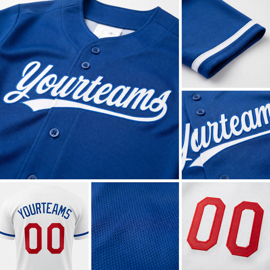 Custom Royal White-Red Reversible Button-Down Baseball Jersey detail