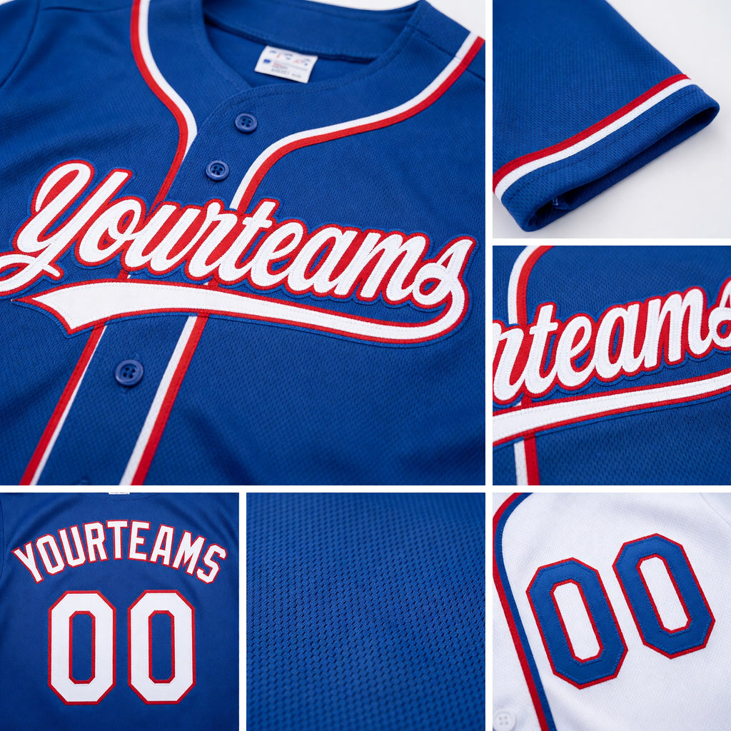 Custom Royal White-Red Reversible Button-Down Baseball Jersey detail