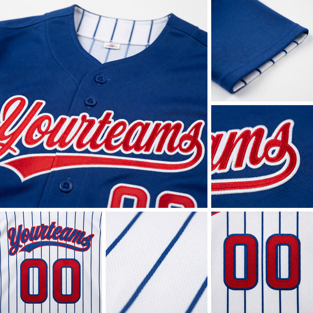 Custom Royal White Royal Pinstripe Reversible Button-Down Baseball Jersey detail