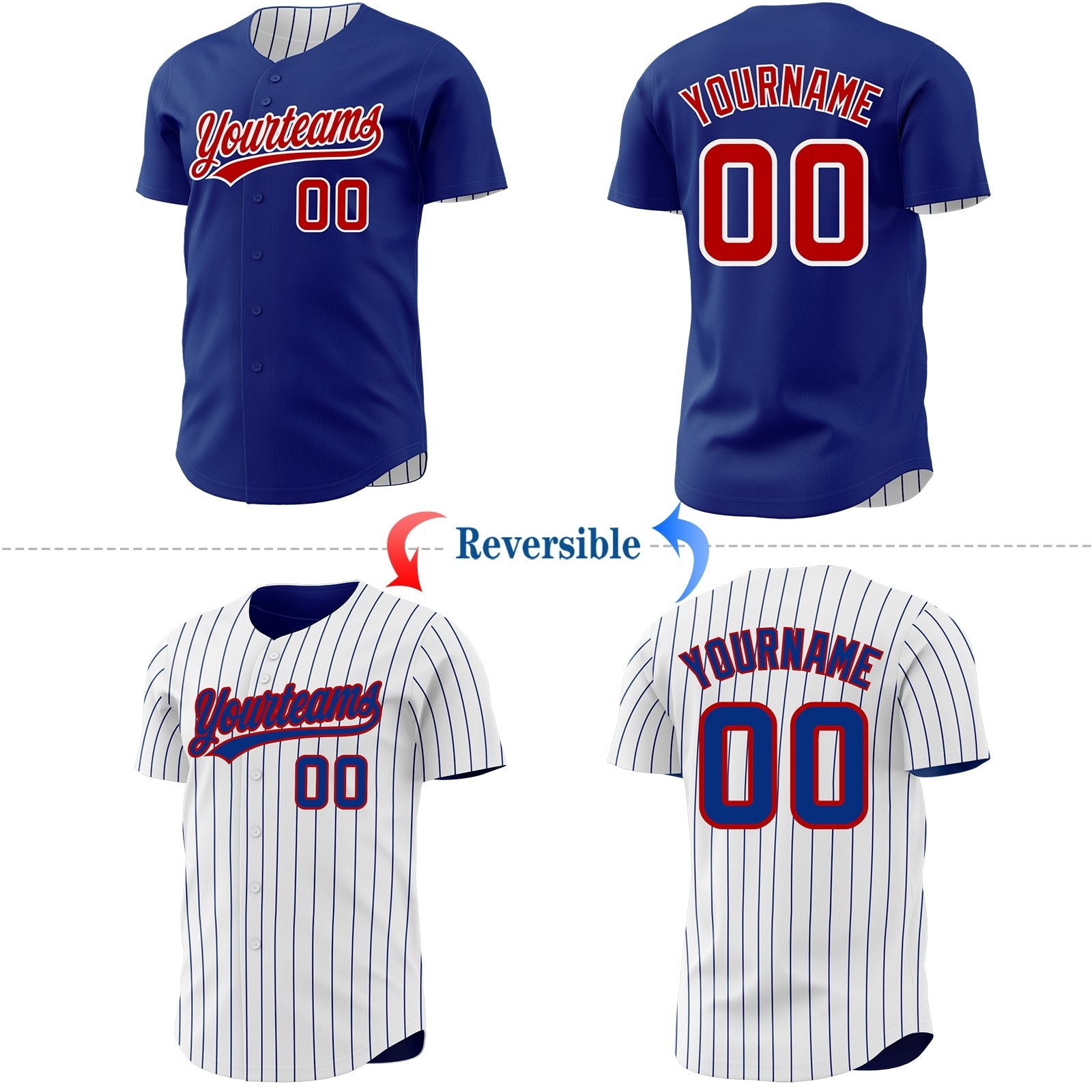 Custom Royal White Royal Pinstripe Reversible Button-Down Baseball Jersey photo 2