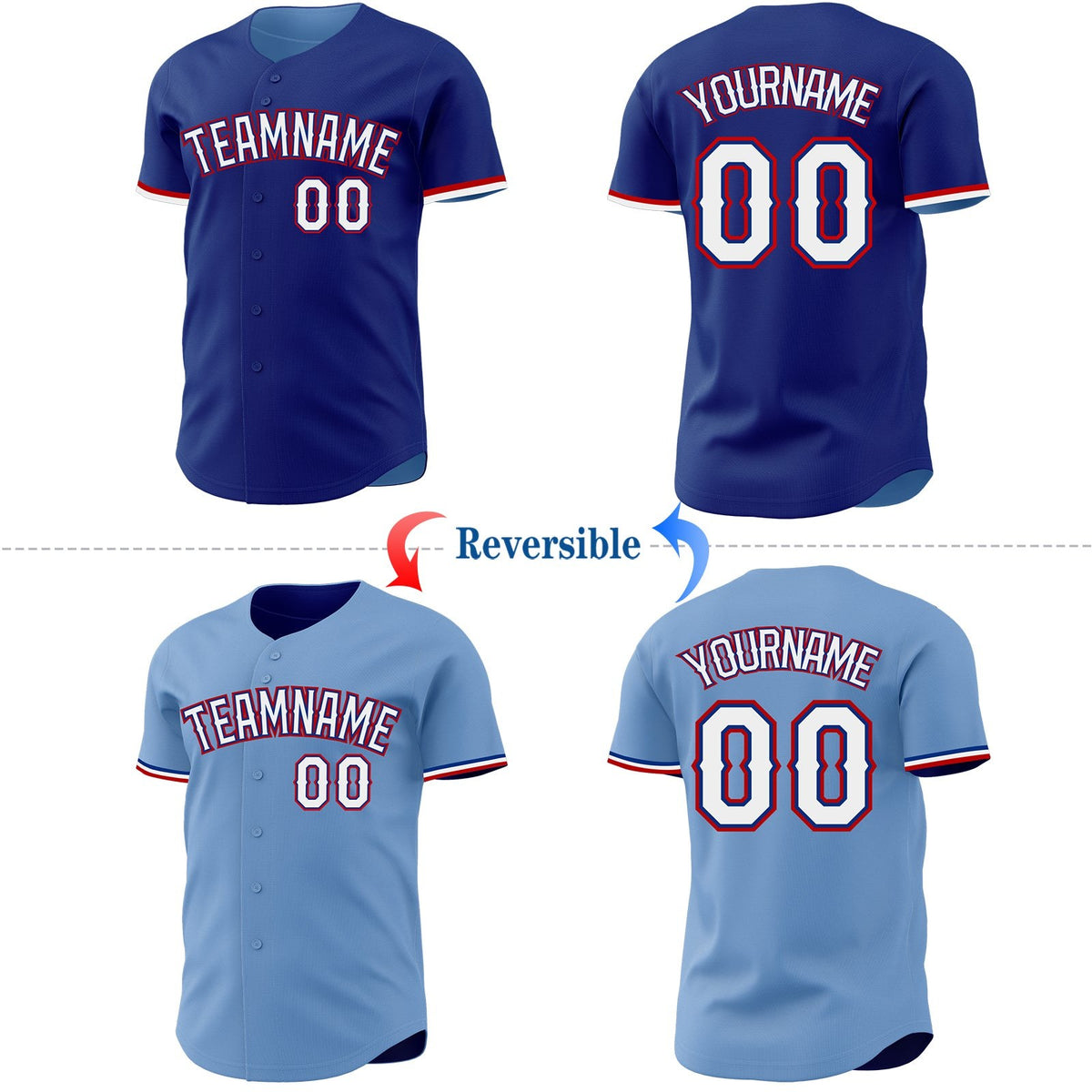 Custom Royal Light Blue Reversible Button-Down Baseball Jersey photo 2