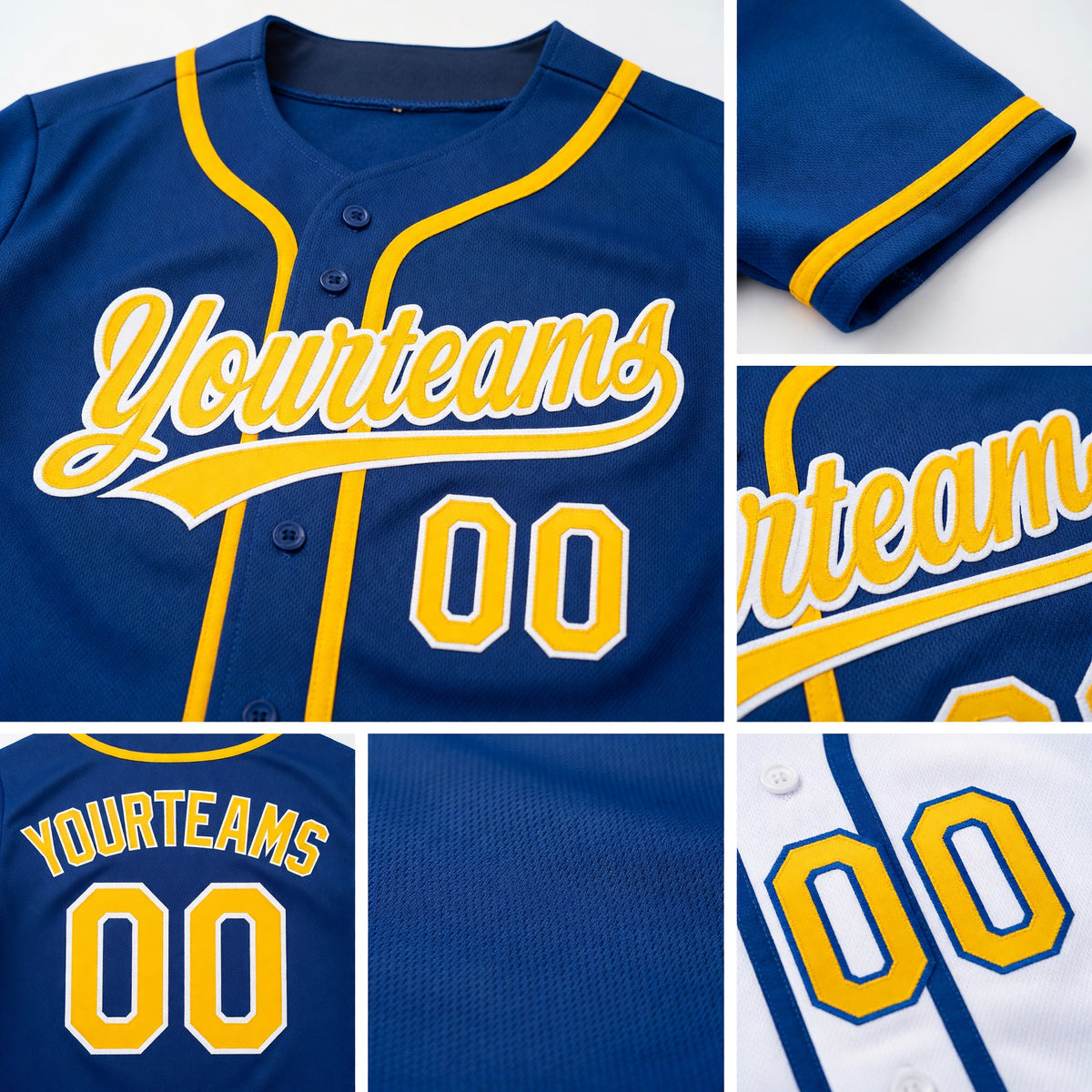 Custom Royal Yellow-White Reversible Button-Down Baseball Jersey detail
