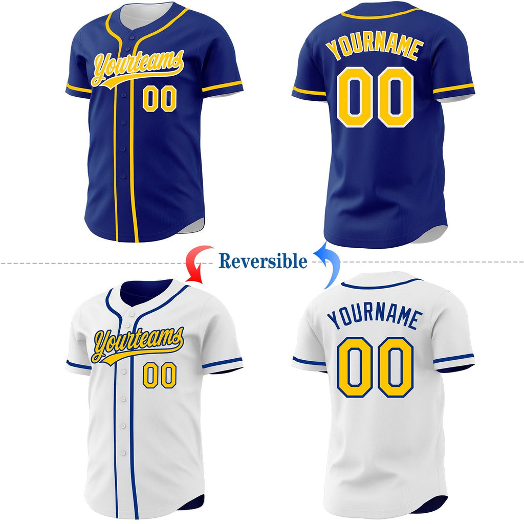 Custom Royal Yellow-White Reversible Button-Down Baseball Jersey photo 2
