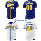 Custom Royal Yellow-White Reversible Button-Down Baseball Jersey photo 2