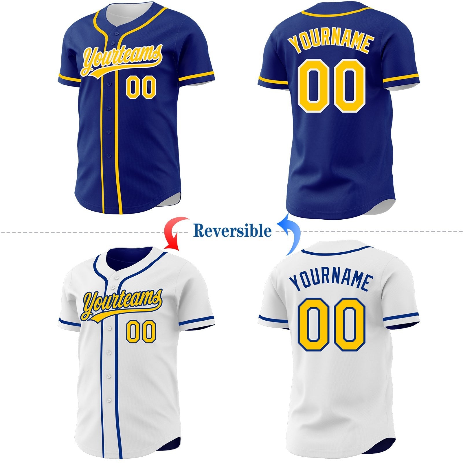 Custom Royal Yellow-White Reversible Button-Down Baseball Jersey photo 2