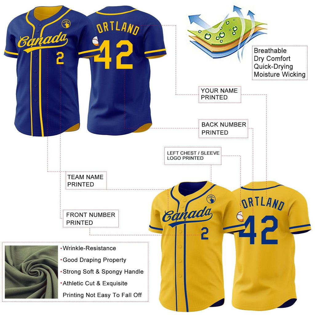 Custom Royal-Yellow Reversible Button-Down Baseball Jersey photo 3
