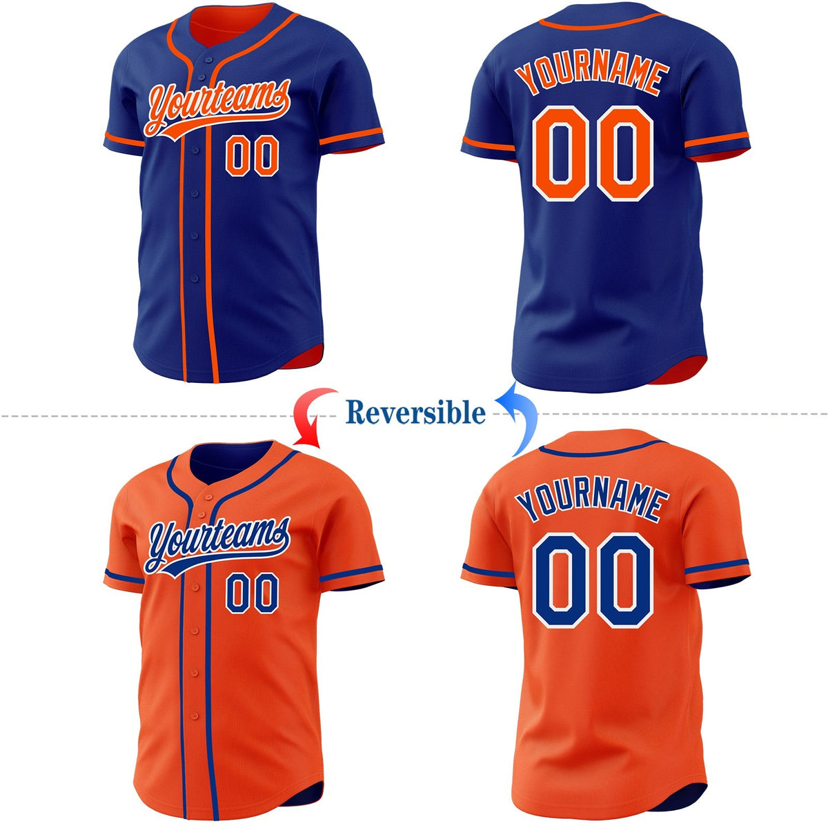 Custom Royal Orange-White Reversible Button-Down Baseball Jersey photo 2