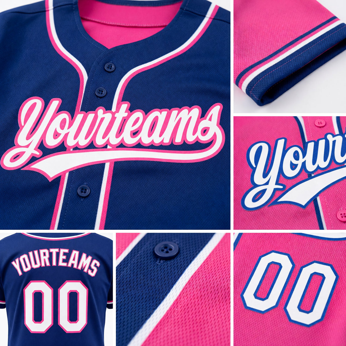 Custom Royal White-Pink Reversible Button-Down Baseball Jersey detail