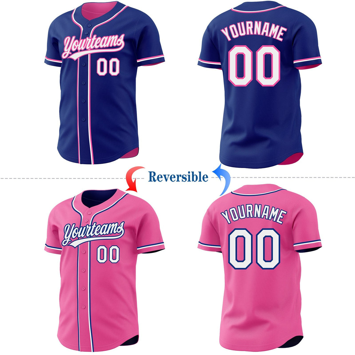 Custom Royal White-Pink Reversible Button-Down Baseball Jersey photo 2