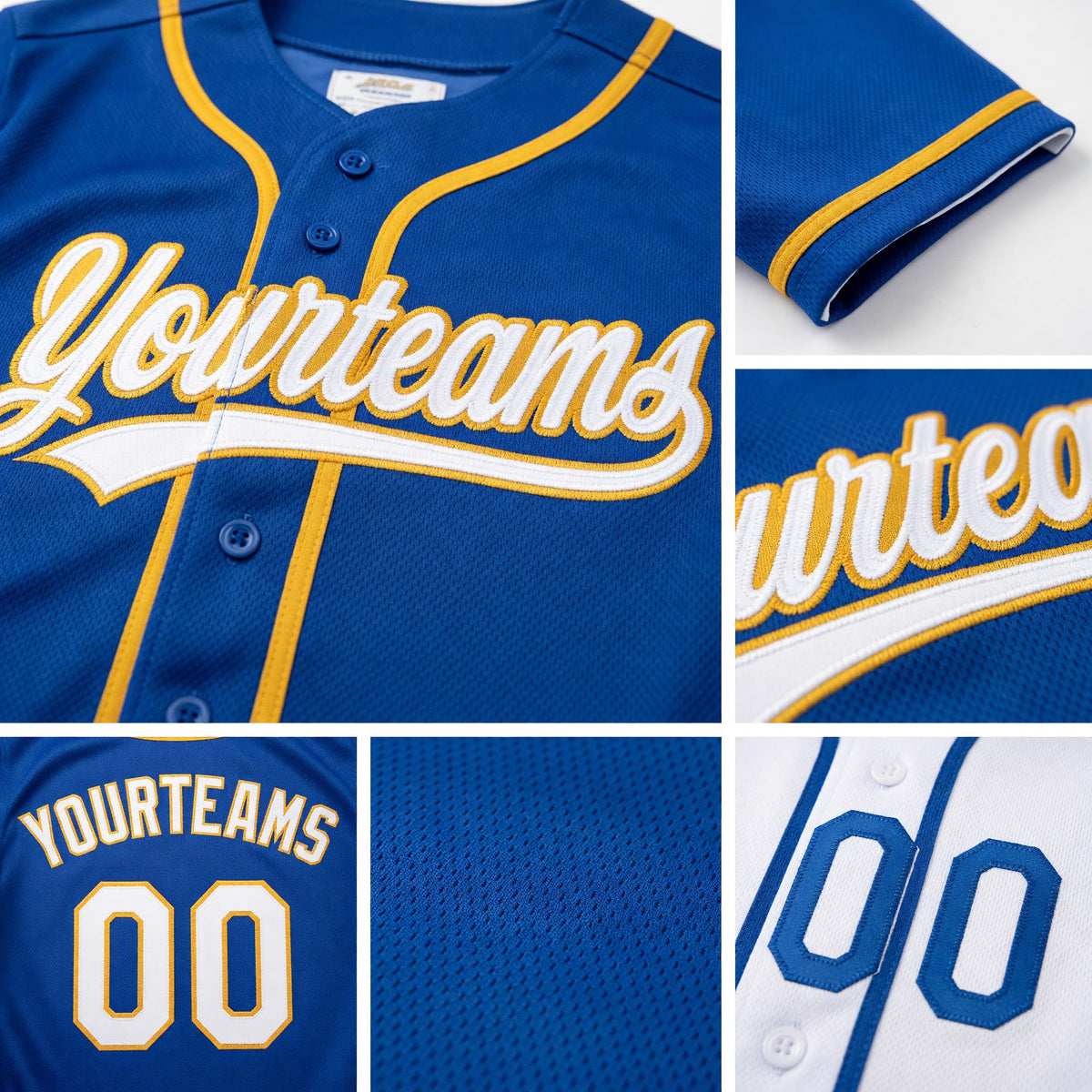 Custom Royal White-Old Gold Reversible Button-Down Baseball Jersey detail