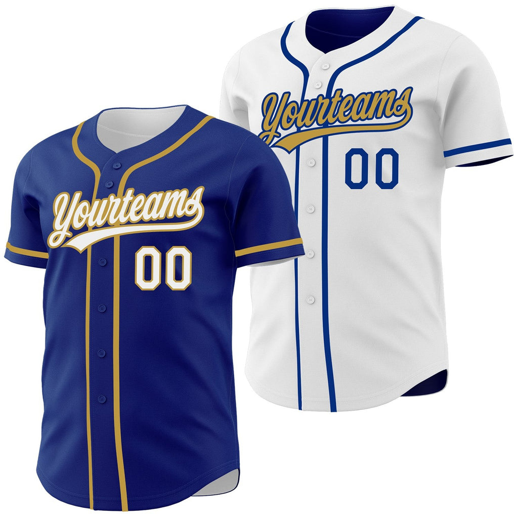 Custom Royal White-Old Gold Reversible Button-Down Baseball Jersey photo 1