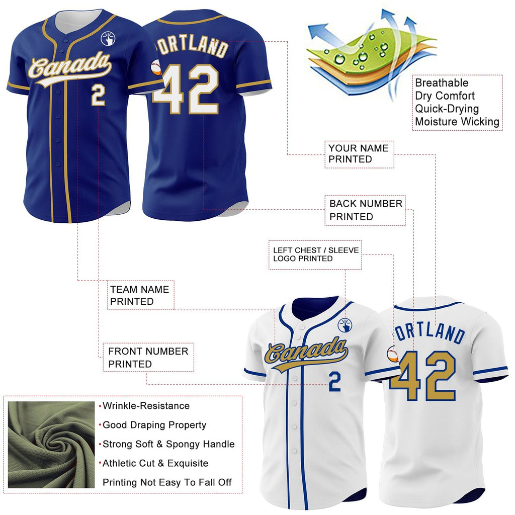 Custom Royal White-Old Gold Reversible Button-Down Baseball Jersey photo 3