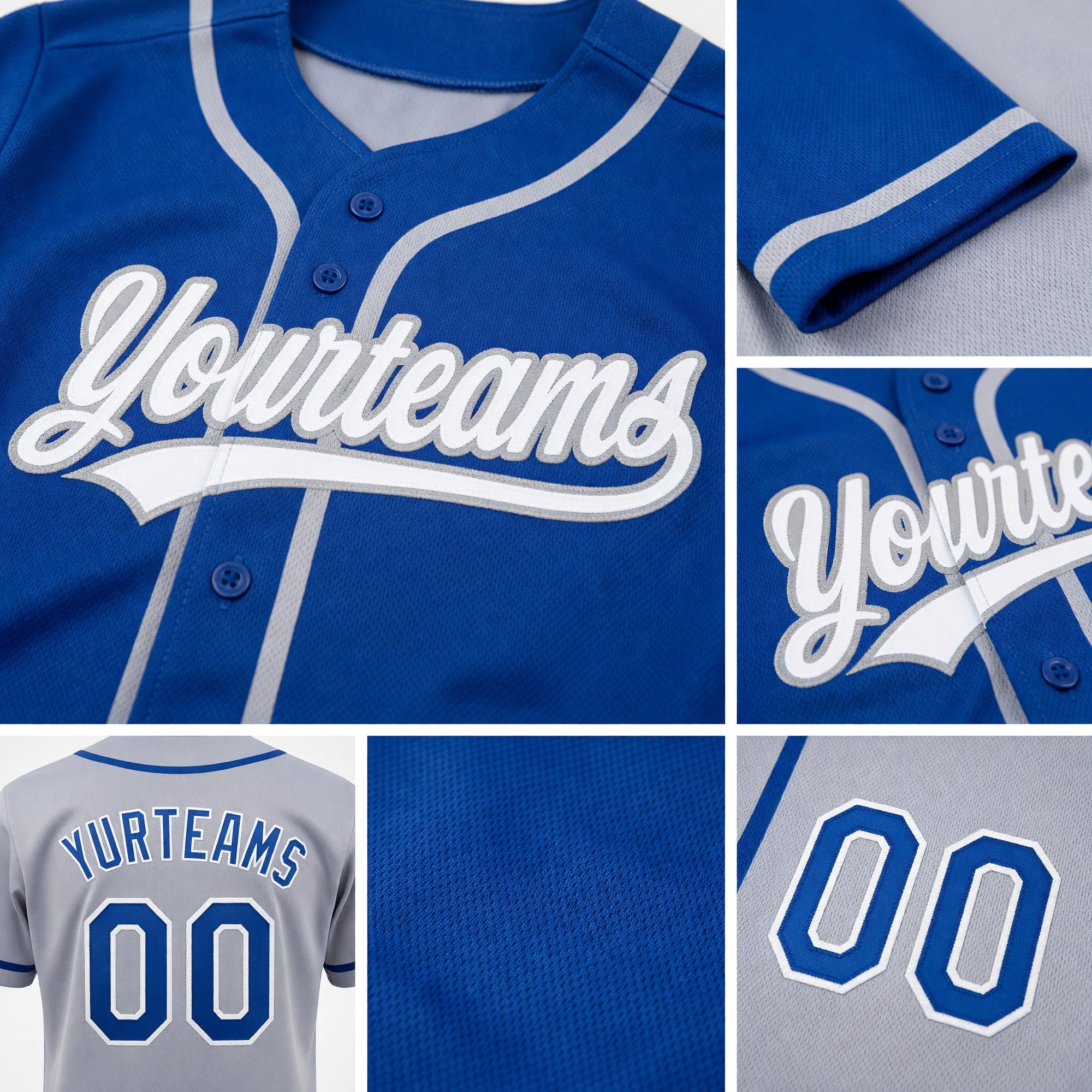 Custom Royal White-Gray Reversible Button-Down Baseball Jersey detail