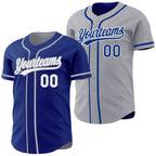 Custom Royal White-Gray Reversible Button-Down Baseball Jersey photo 1