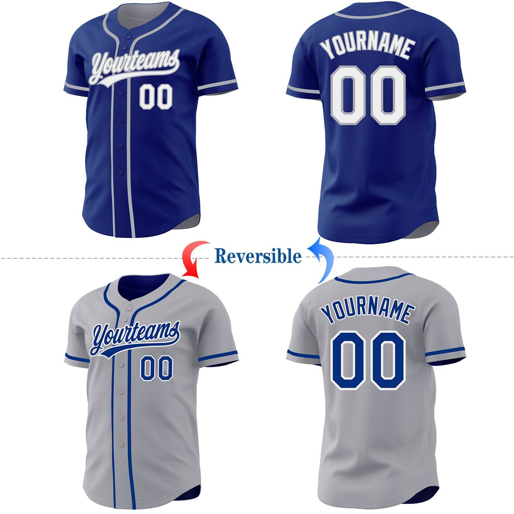 Custom Royal White-Gray Reversible Button-Down Baseball Jersey photo 2