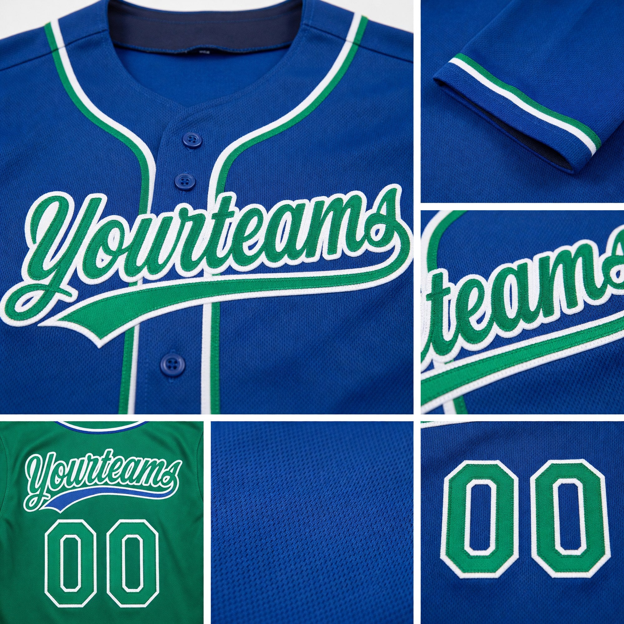 Custom Royal Kelly Green-White Reversible Button-Down Baseball Jersey detail