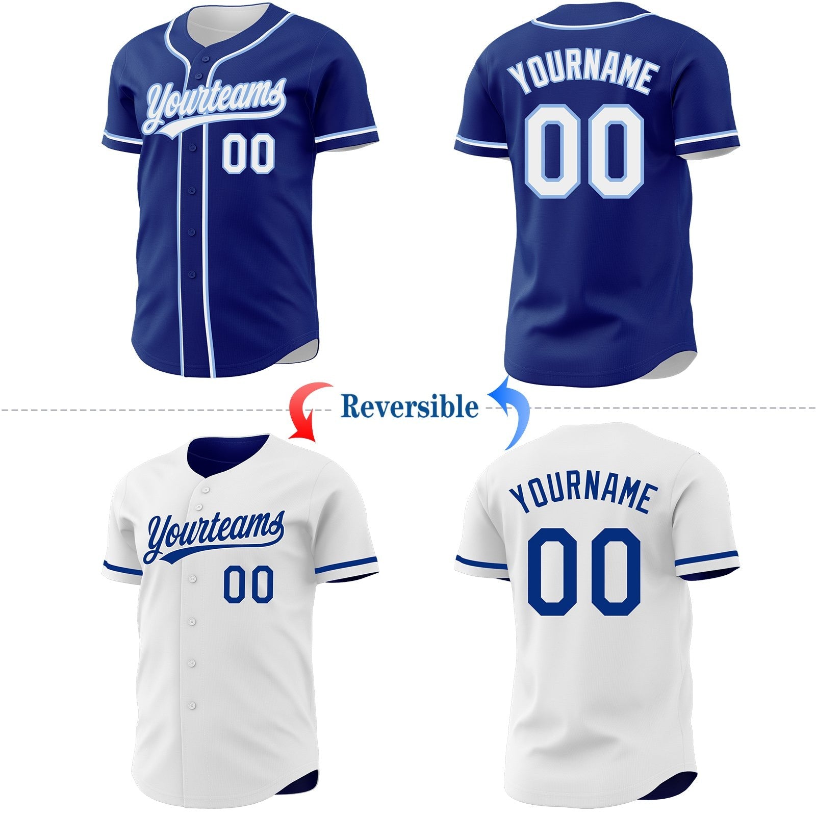 Custom Royal White-Light Blue Reversible Button-Down Baseball Jersey photo 2