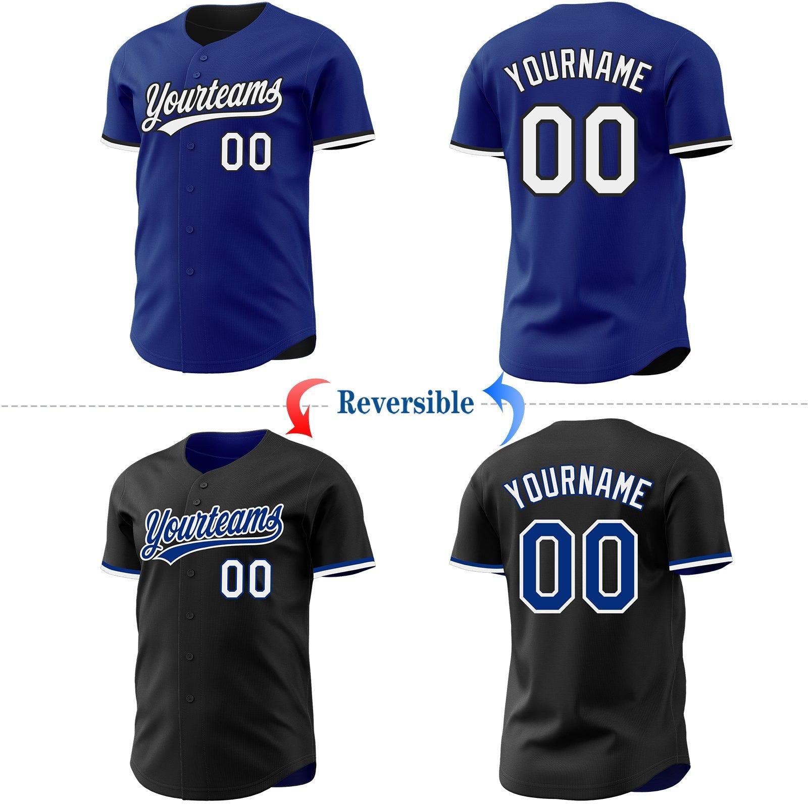 Custom Royal White-Black Reversible Button-Down Baseball Jersey photo 2