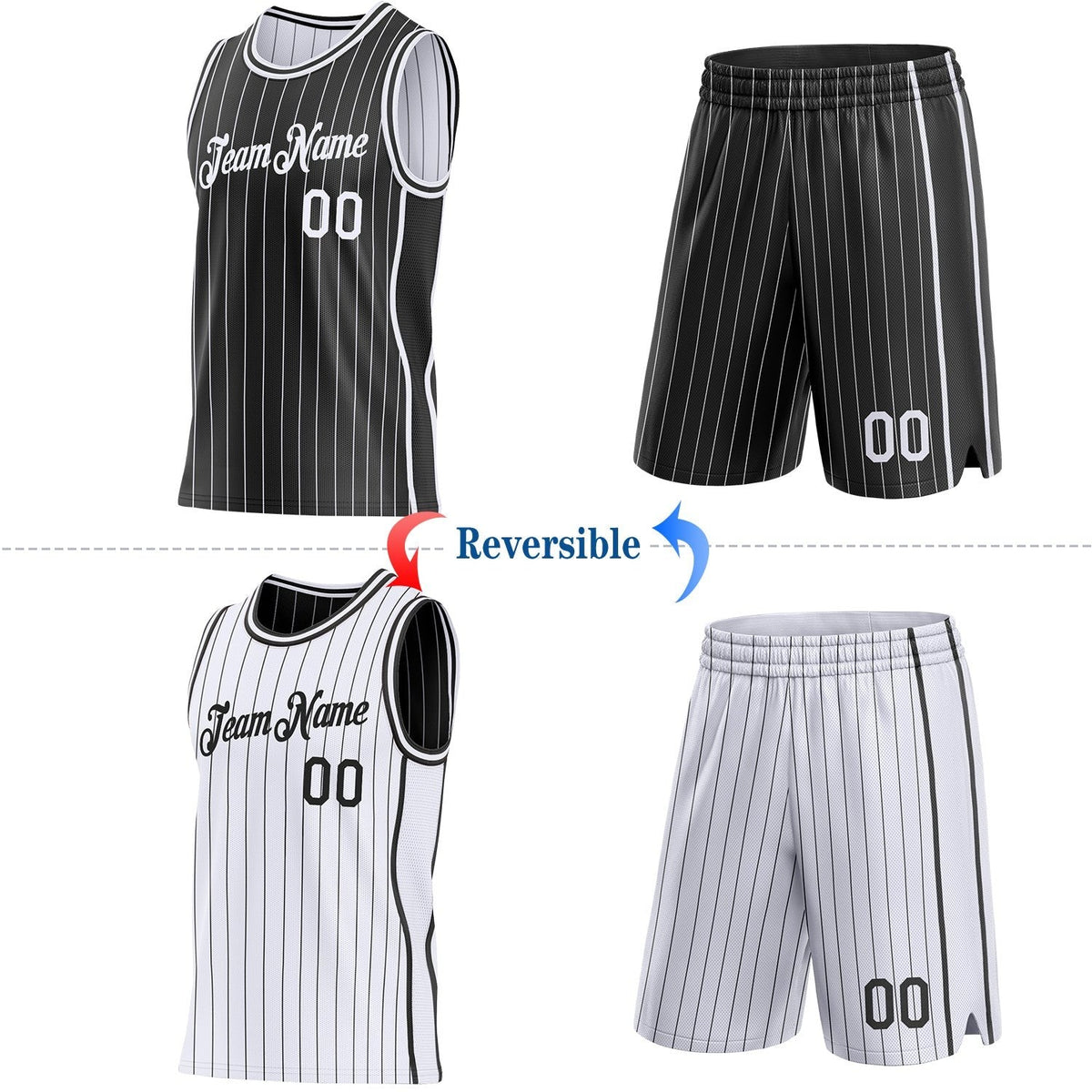 Custom Black White Pinstripe Side Panels Reversible Double Side Sublimation Basketball Set Jersey photo 2