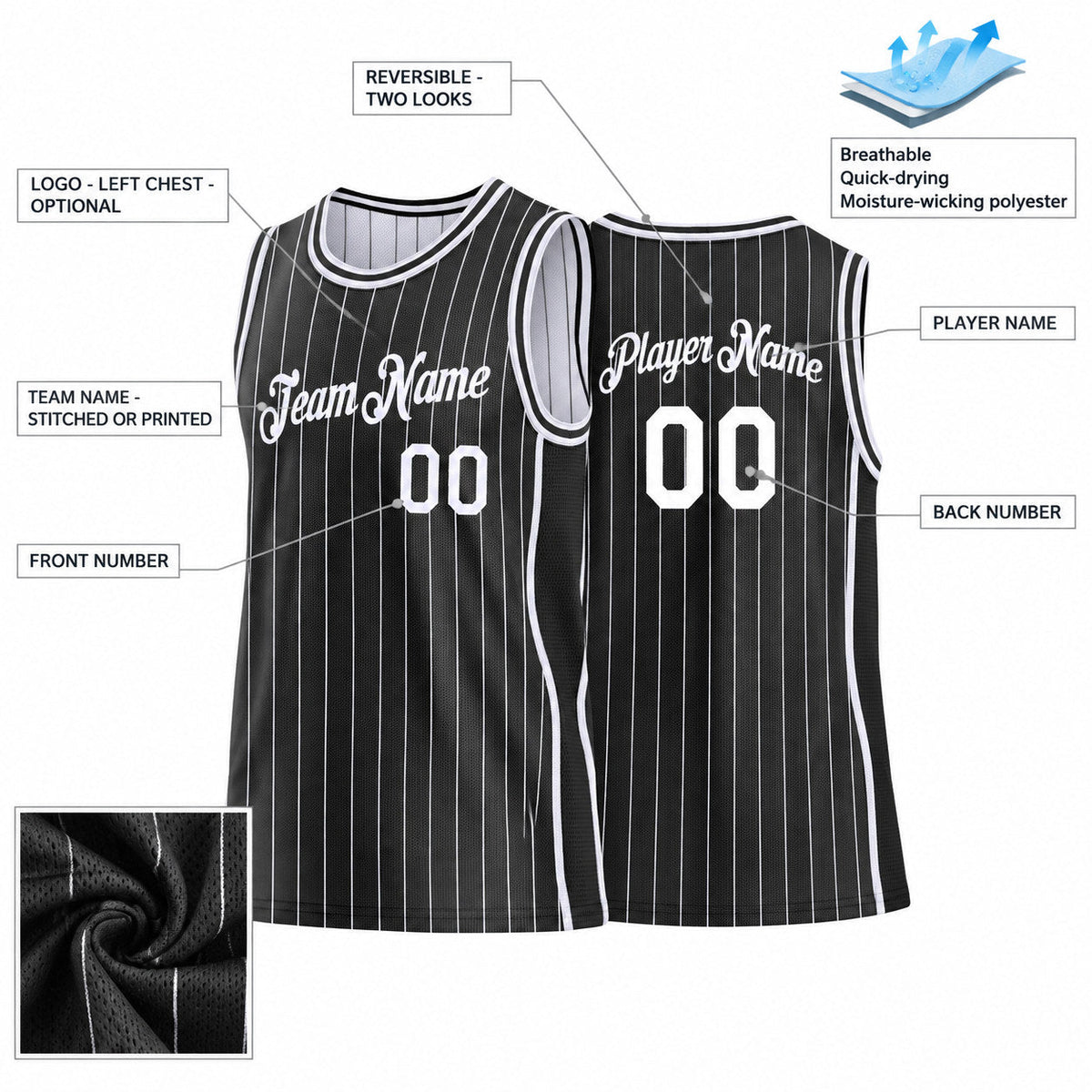 Custom Black Side Panels Pinstripe Reversible Basketball Jersey Set with White Lettering Design 0907 customization guide
