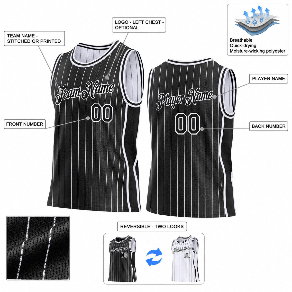 Custom Black Side Panels Pinstripe Reversible Basketball Jersey Set with White Lettering Design 0908 customization guide