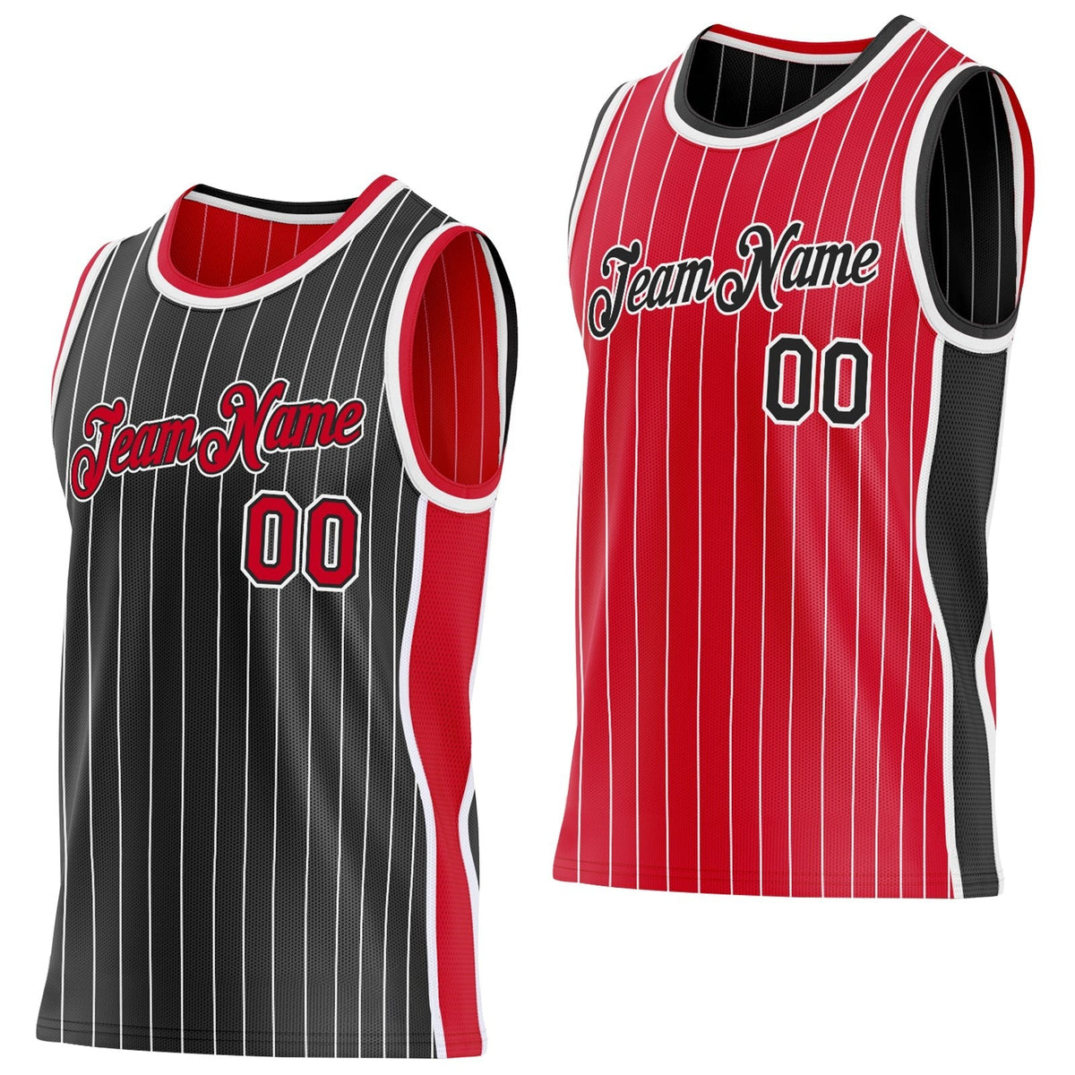 Custom Black White Pinstripe-Red Side Panels Reversible Double Side Sublimation Basketball Set Jersey