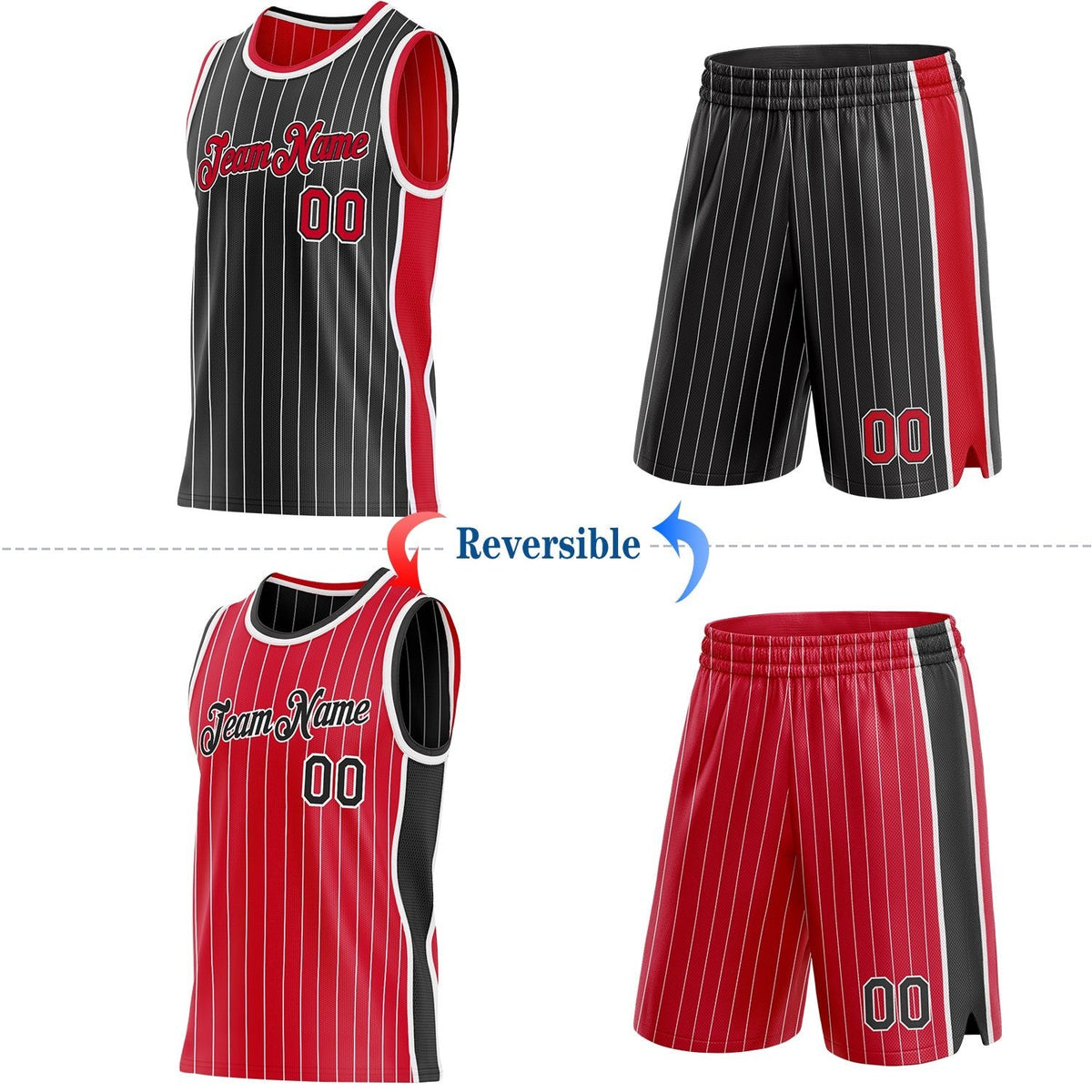 Custom Black White Pinstripe-Red Side Panels Reversible Double Side Sublimation Basketball Set Jersey photo 2